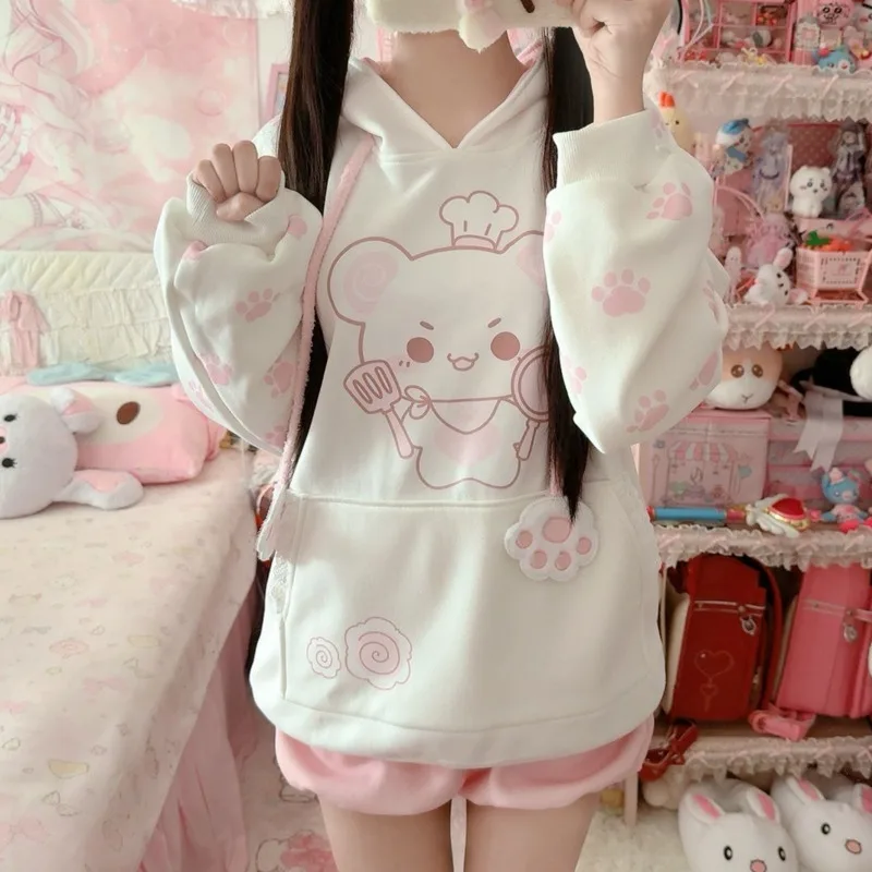 سترة بغطاء للرأس على شكل حيوان كاواي مع ديكور على شكل مخلب قطة، بلوفرات Y2K جميلة وقلنسوة للفتيات، ملابس عصرية كبيرة الحجم مطبوعة برسوم الرسوم المتحركة #4