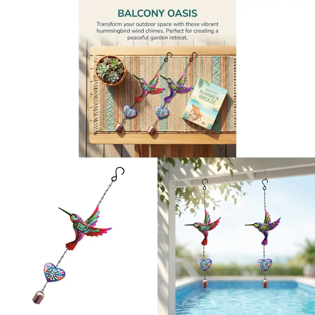  21inch Artistic Hummingbird Wind Chimes With Heart Design For Window Door And Trees Decoration Memorial Birthday Gifts