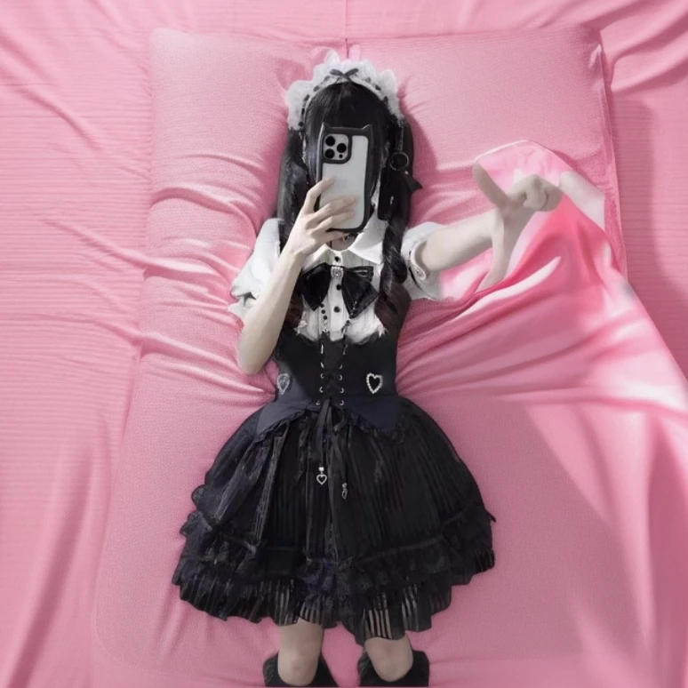 

Летнее искусственное двухсекционное платье с короткими рукавами, облегающие повседневные короткие платья с поясом, готический стиль, полосатая Лолита, милая девушка