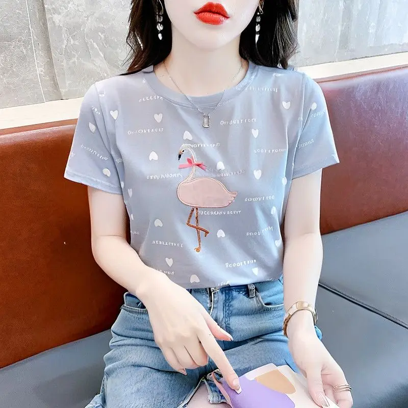 

Light Luxury Heavy Industry Embroidered Pure Cotton T-shirt New Women's Short-sleeved Top Summer High-end T-shirt Versatile Ins