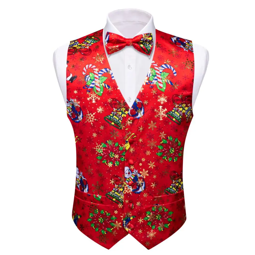 Christmas Mens Vest Silk White Red Blue Green Snowflake Gift XmasTrees Santa Claus Waistcoat Bowtie Set Festival Barry Wang