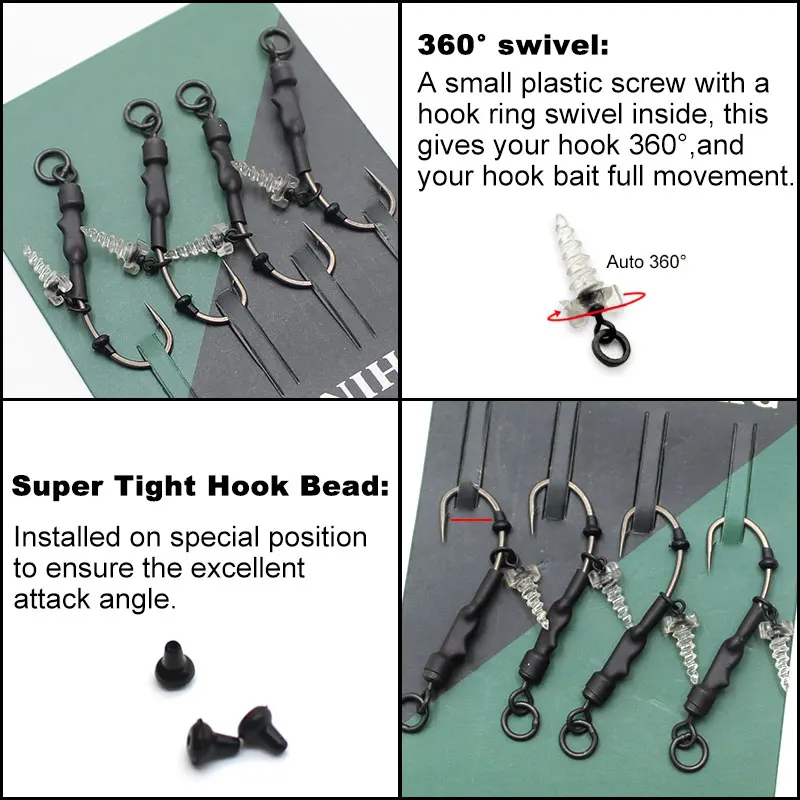 4PCS Carp Fishing Ready Tied Ronnie Rig Barbed Fish  Carp Hook AccessoriesFishing Rig  With 360° Bait Screw For Carp Fish Tackle