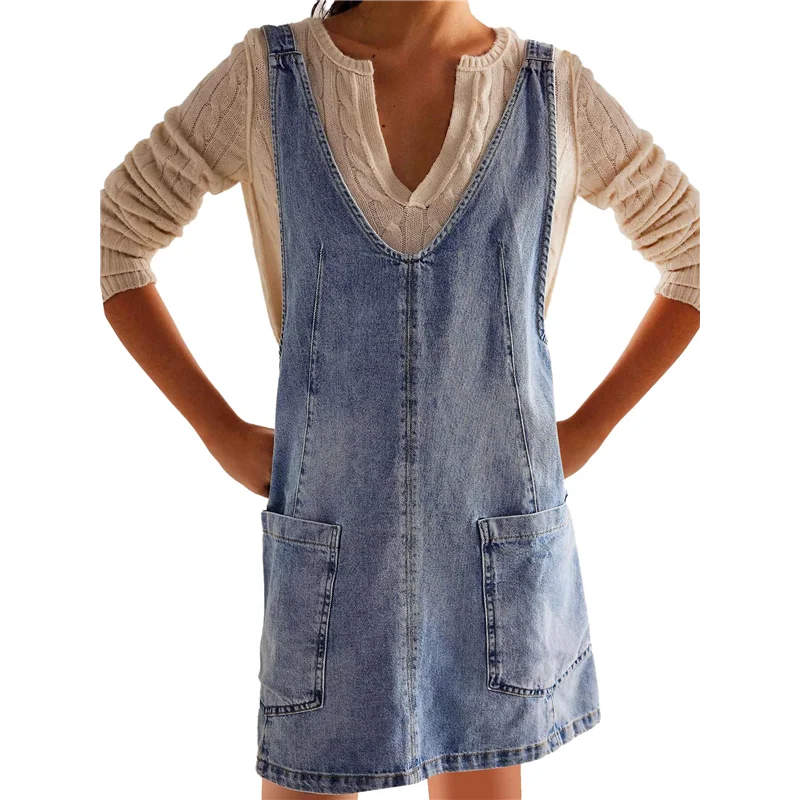 

A09P Women Denim Overalls Mini Dress Adjustable Shoulder Straps High Roller Skirtall Casual Jean Romper Dress