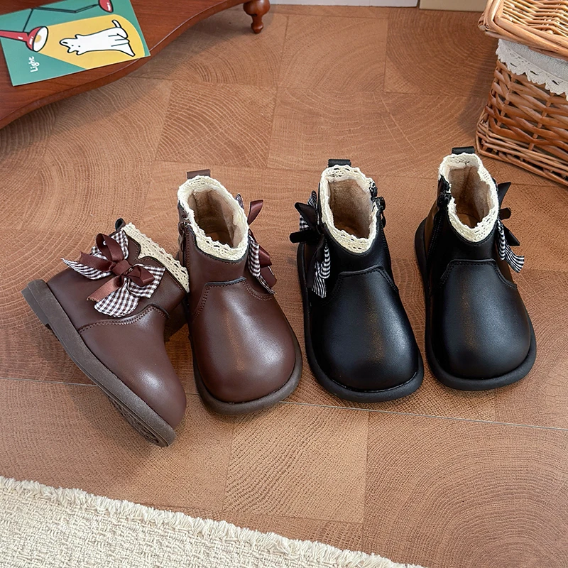 Girls Short Boots Sweet Bows Cute Kids Leather Boots Suede Warm Soft Sole 2026 Winter New Children Ankle Boots Round Toes