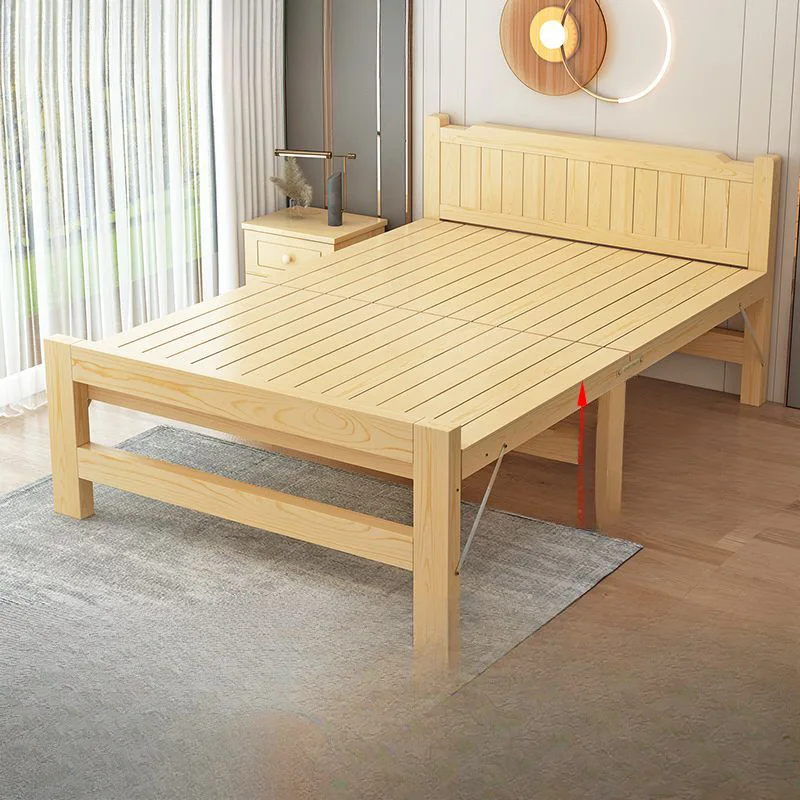 Height folding bed single household adult simple lunch break siesta solid wood reinforced double rental room hard board