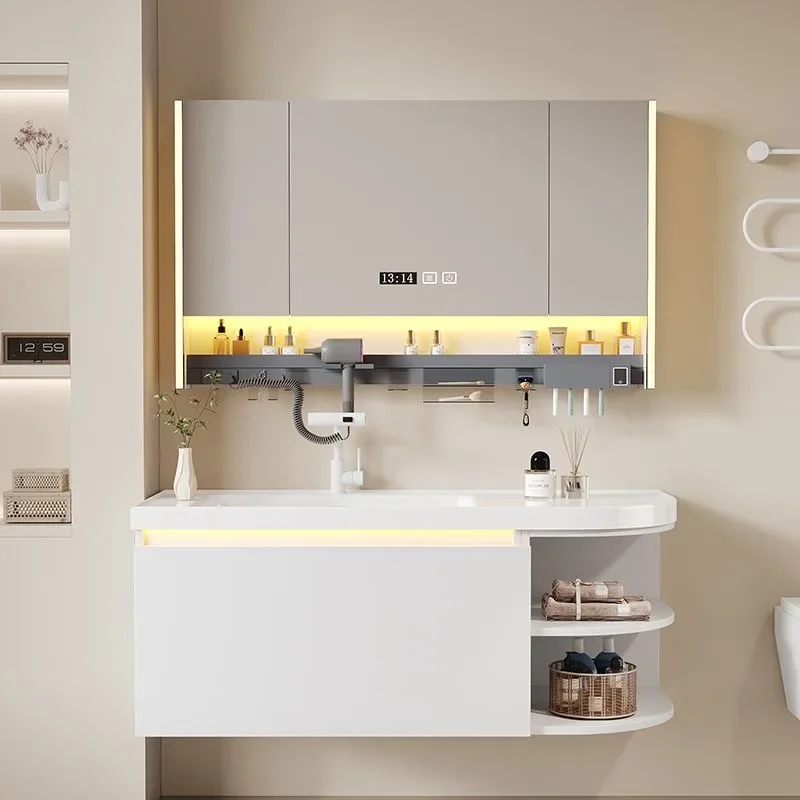 

Bathroom Vanity Ceramic Sink Curved Round Integrated Basin Bathroom Cabinet White Solid Wood with Sink Set, Bathroom Furniture