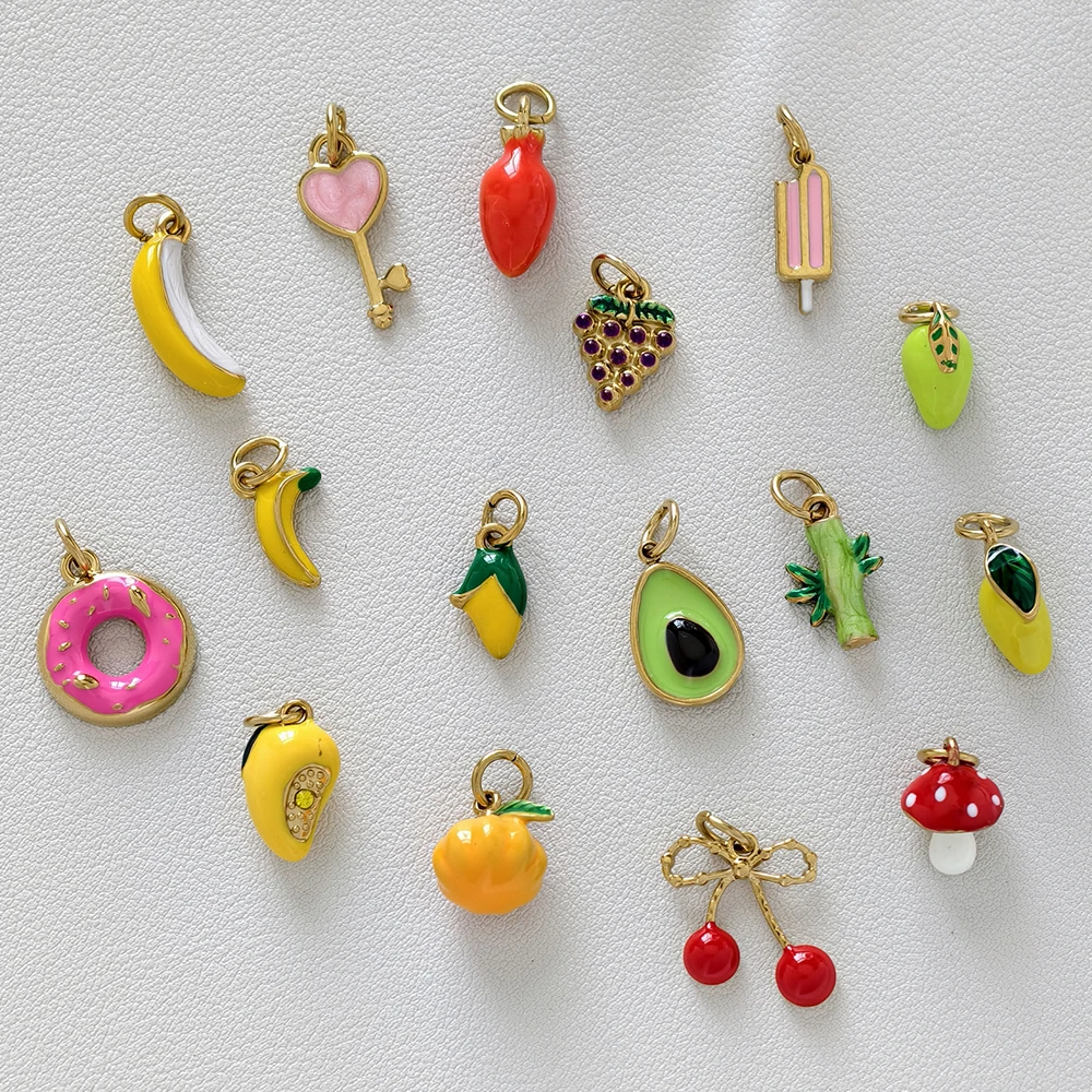 Y2K Candy Fruit Snack Enamel Stainless Steel Charms Banana Donut Mushroom Pendants Playful Pastel Handcrafted Jewelry Supply