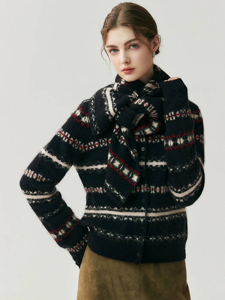 

CHICUU женский 100% кашемировый кардиган, шарф, винтажный стиль, полосатый кардиган с круглым вырезом, осень-зима, кашемировый трикотаж, свитер, шали