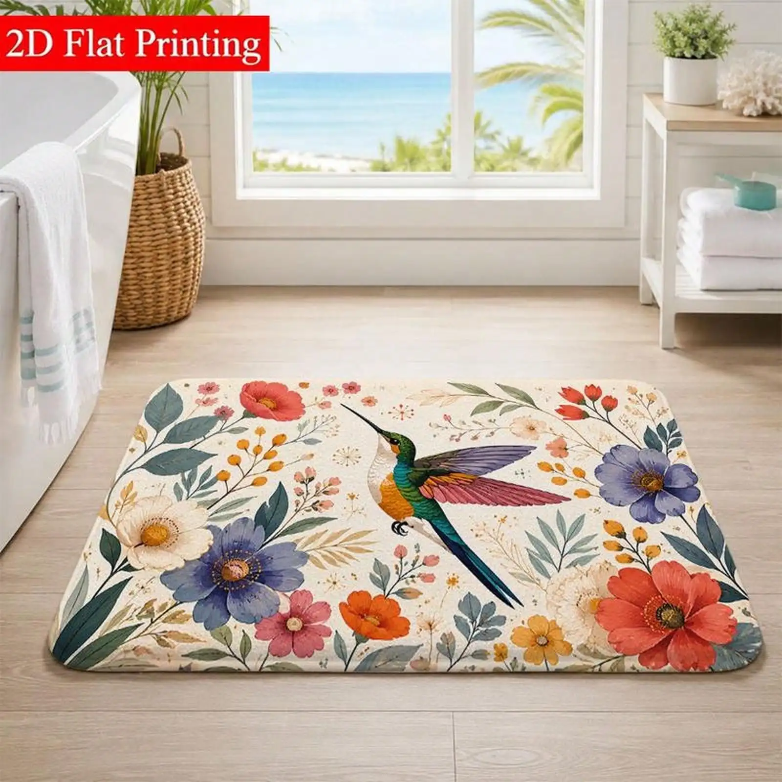 Hummingbird Floral Doormat, Available In Various Sizes, With A Cream Base And Colorful Patterns, Features A Non-Slip Design Suitable For Bathrooms/Outdoors