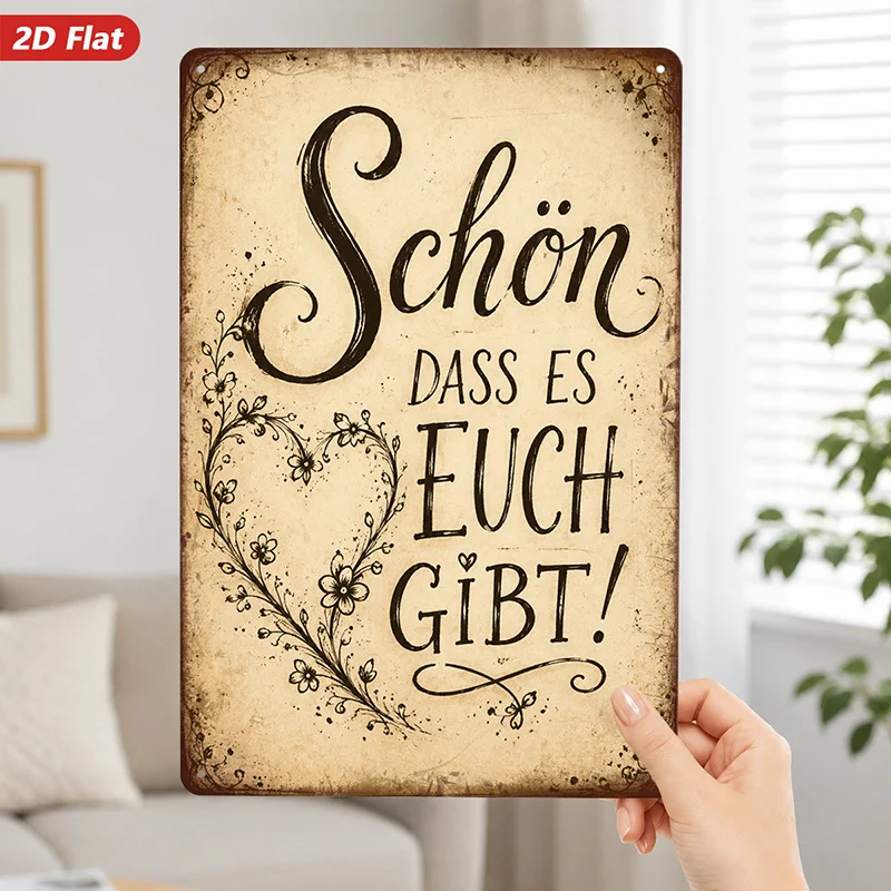 2D Flat, 1pc Metal Sign Wall Art, Vintage-Style Home Decor, Heart-Shaped Pattern, German Text 