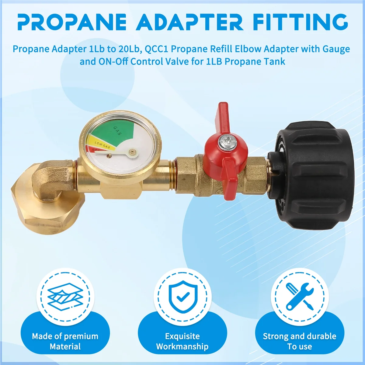 อะแดปเตอร์โพรเพน 1Lb to 20Lb, QCC1 โพรเพนเติมข้อศอกอะแดปเตอร์ Gauge และ ON-Off Control Valve สําหรับ 1LB ถังโพรเพน XQ