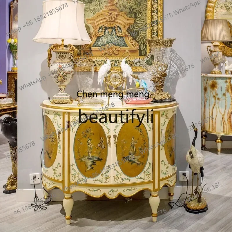 D06 French art side cabinet high-end solid wood carving flower painted decorative cabinet European style, entrance cabinet