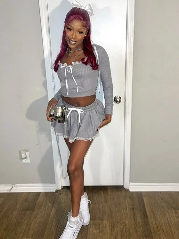 

Lace Patchwork Women 2Piece Set Casual Solid Bandage Crew Neck Full Sleeve Tops+A-line Mini Skirts Female Trend Streetwear