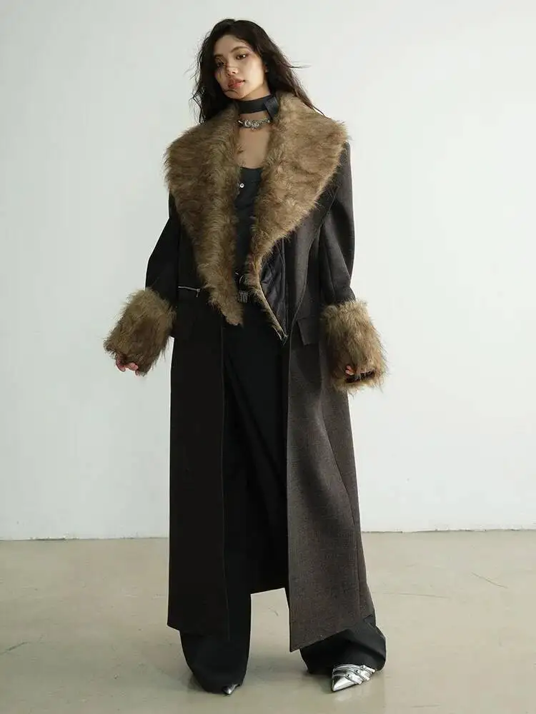 Gray Women Dark Detachable Fur Collar Big Size Thick Long Blazer New Long Sleeve Jacket Fashion Autumn Winter 2026 7IP0