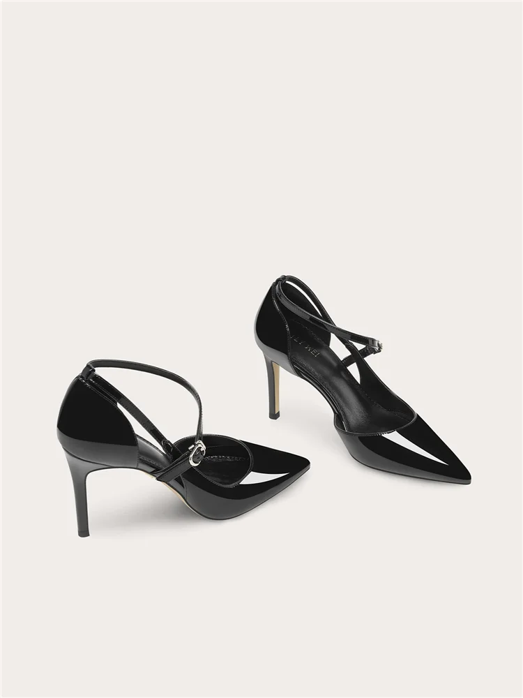 Spring and summer new pointed lacquer belt low heel small size sandals banquet large size widened version high heels women shoes