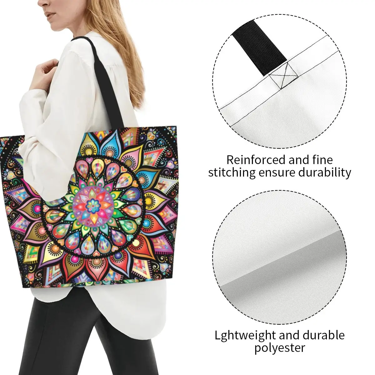 Riciclaggio colorato loto Mandala Shopping Bag donna spalla tela Tote Bag durevole buddismo fiore generi alimentari Shopper Bags