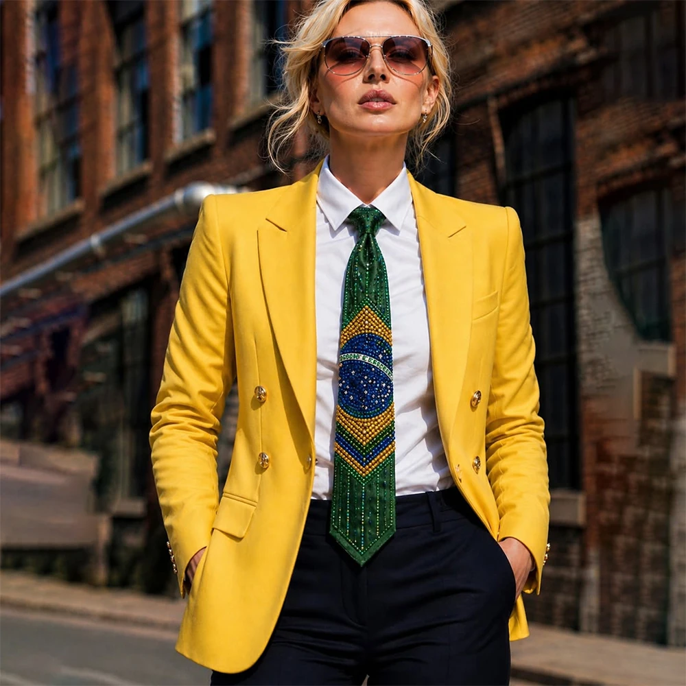 Fashion Women's Suits Customized Double Breasted Notch Lapel Skinny 2 Piece Yellow Blazck With Black Pants Sets Formal Lady Sets