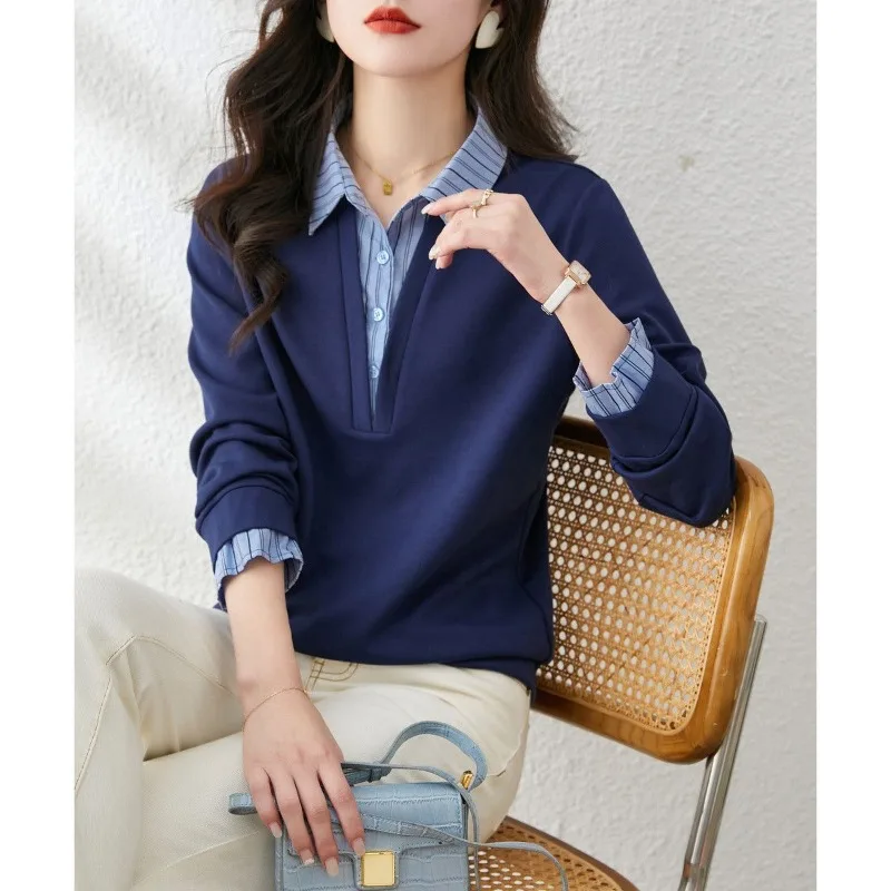 2023 Spring and Autumn Women\'s Stripe Contrast Long Sleeve Polo Collar Fake Two Pieces Pullover Fashion Casual Formal Tops