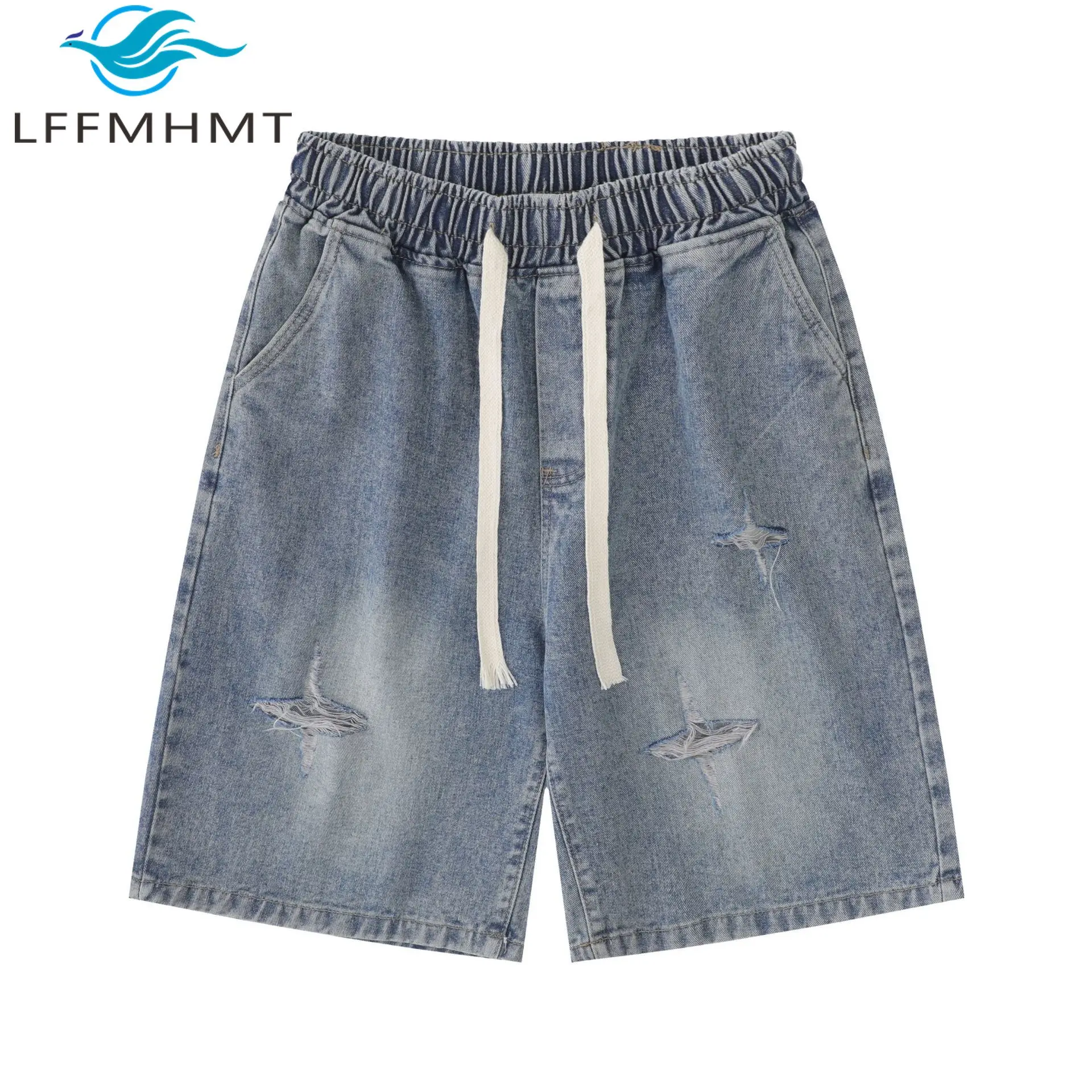 Pentagram Ripped Hole America Style Streetwear Denim Shorts for Men Women Solid Color Vintage Sport Casual Half Length Pants