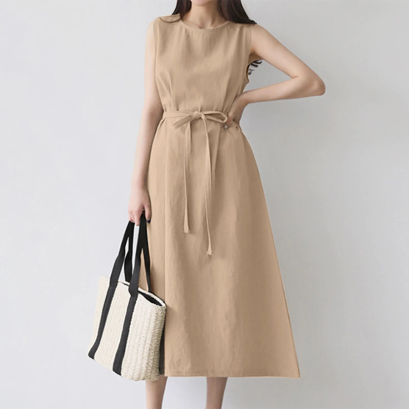 Schlichtes, modisches Damenkleid, lockeres Bohemian-Stil, ärmellos, Rundhalsausschnitt, lange Kleider, einfarbig, Baumwolle, Leinen, Gürtel, elegantes Kleid