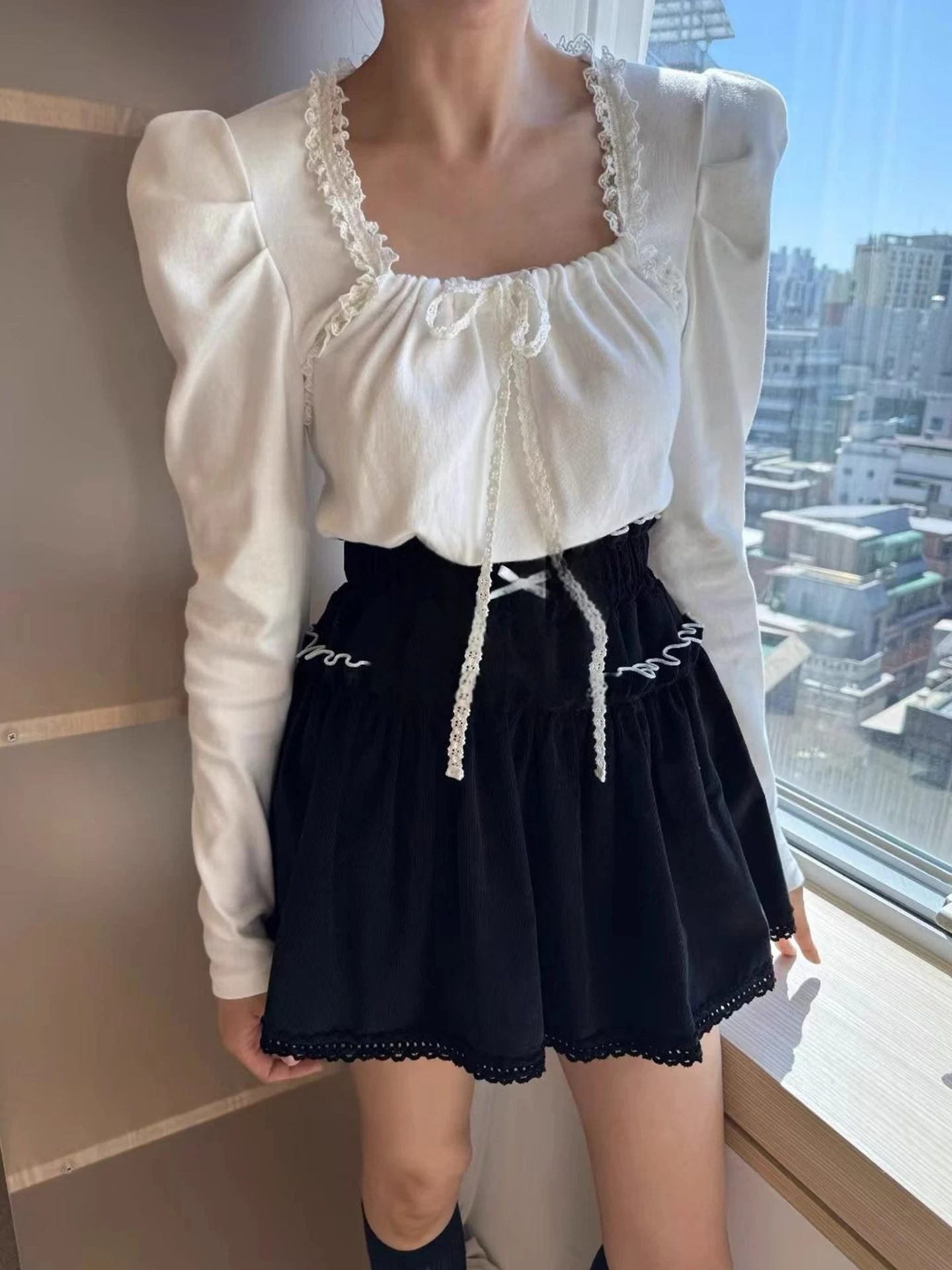 ريترو شيك المرأة irt مع ربطة القوس فيونكة فقاعة Sve ساحة طوق الربط الدانتيل تنوعا لخريف جديد وصول #5