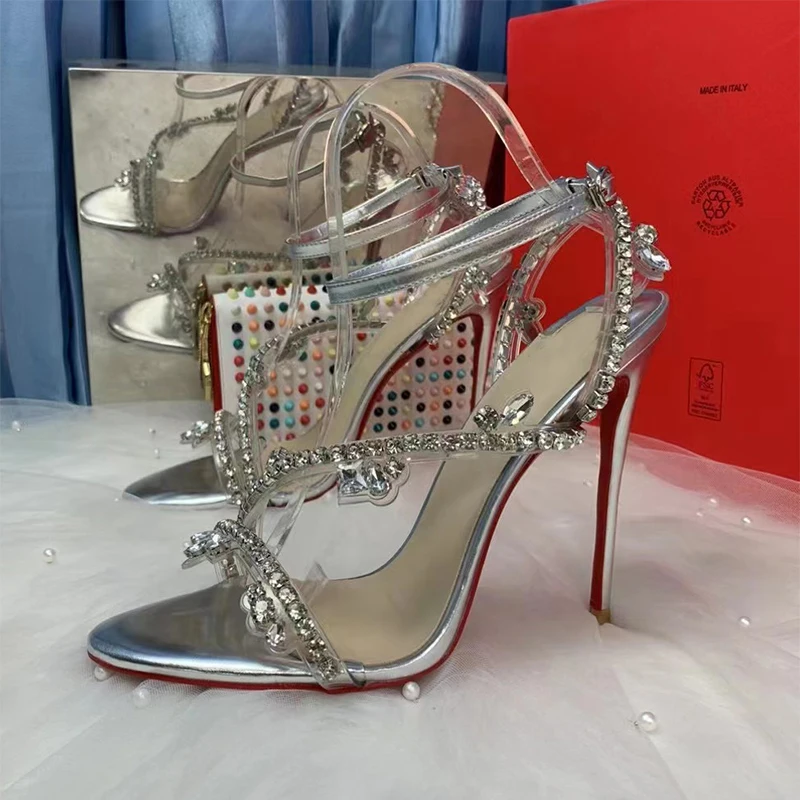 2023 New Sweet Crystal Chain Silver Color 12cm 10cm 8cm Thin High Heels Women Fashion Sandals Shoes