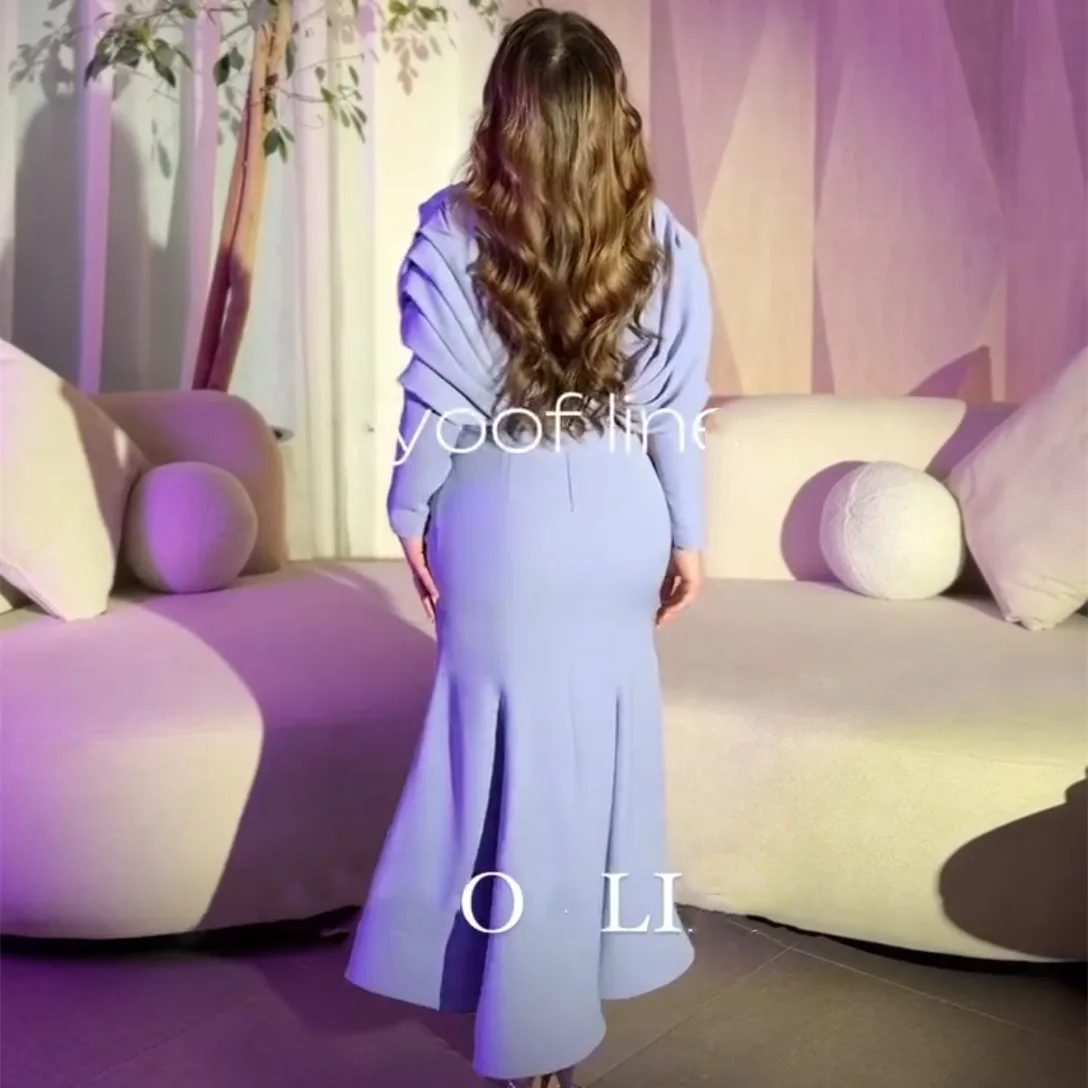 Aangepaste korte lila crêpe avondjurken met ruches zeemeermin v-hals geplooide dubai enkellange galajurken voor dames