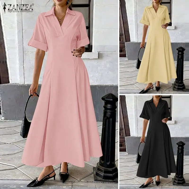 ZANZEA Damen-Sommerkleid, elegantes, plissiertes Maxikleid, stilvolles A-Linien-Kleid mit V-Ausschnitt und kurzen Ärmeln, lässiges, einfarbiges OL-Arbeitskleid 202