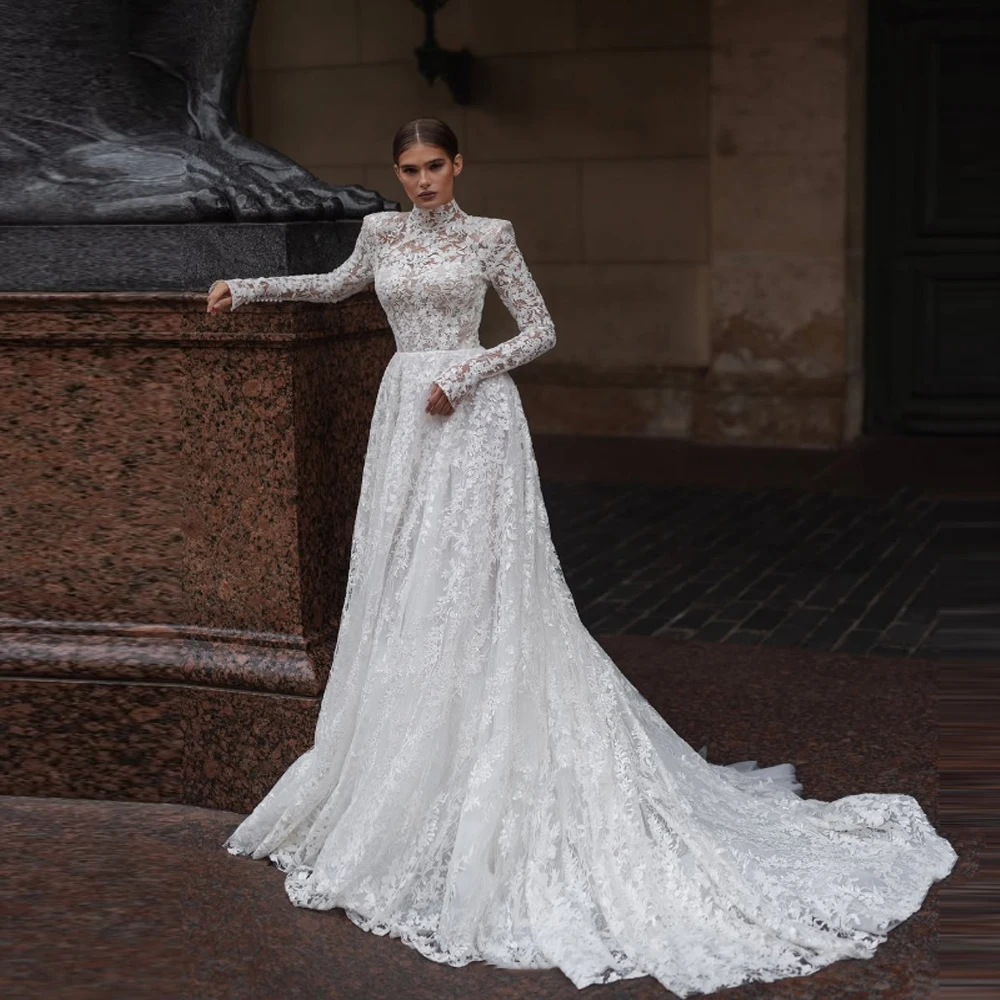 

2026 High Collar Women Wedding Dresses Elegant Long Sleeves Bridal Gown Princess Engagement Banquet Vestidos De Novia Customized