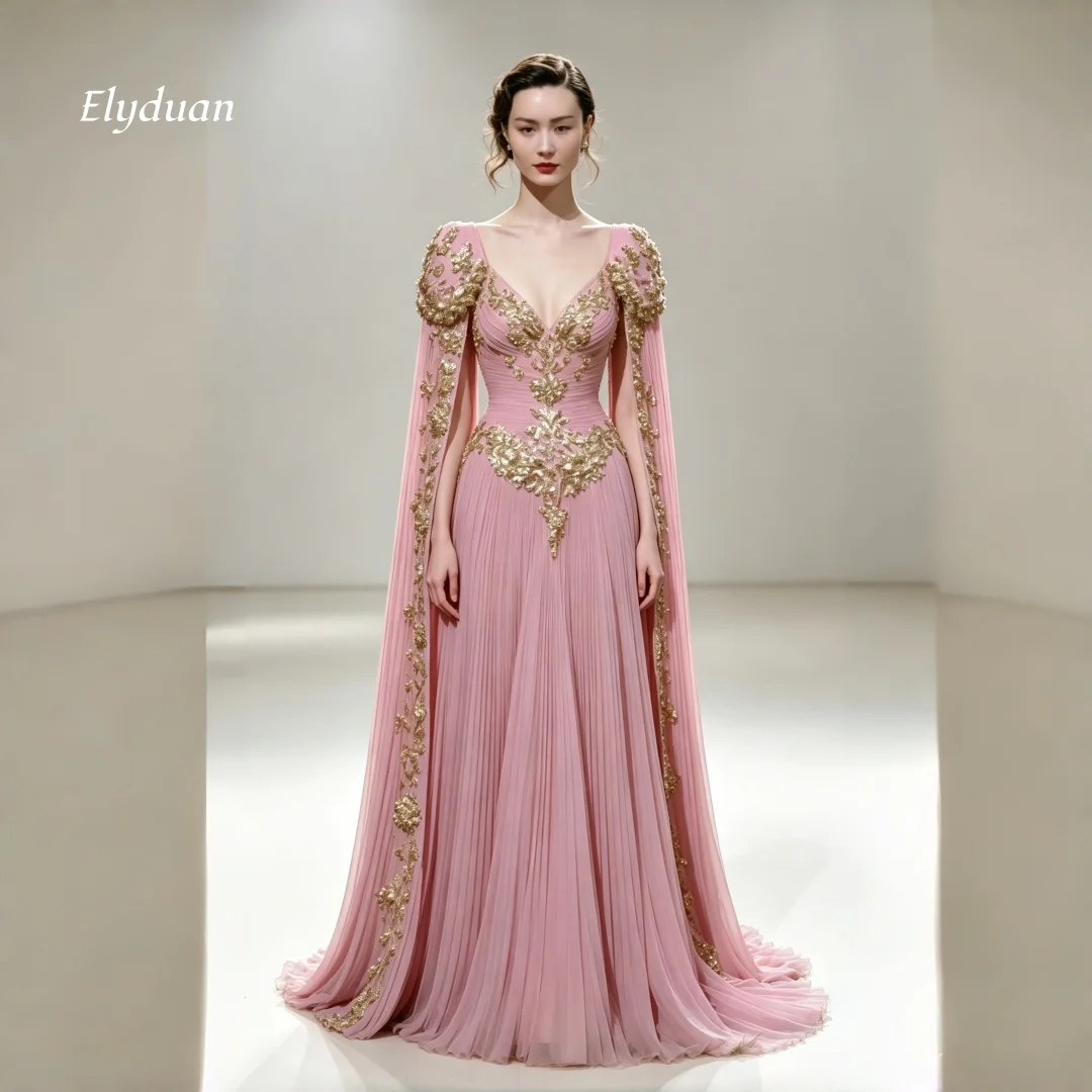 Elegant Blush Pink Pleated Evening Dress V Neck Gold Floral Lace Appliques Cape Sleeve Mermaid Prom Formal Gown Customized