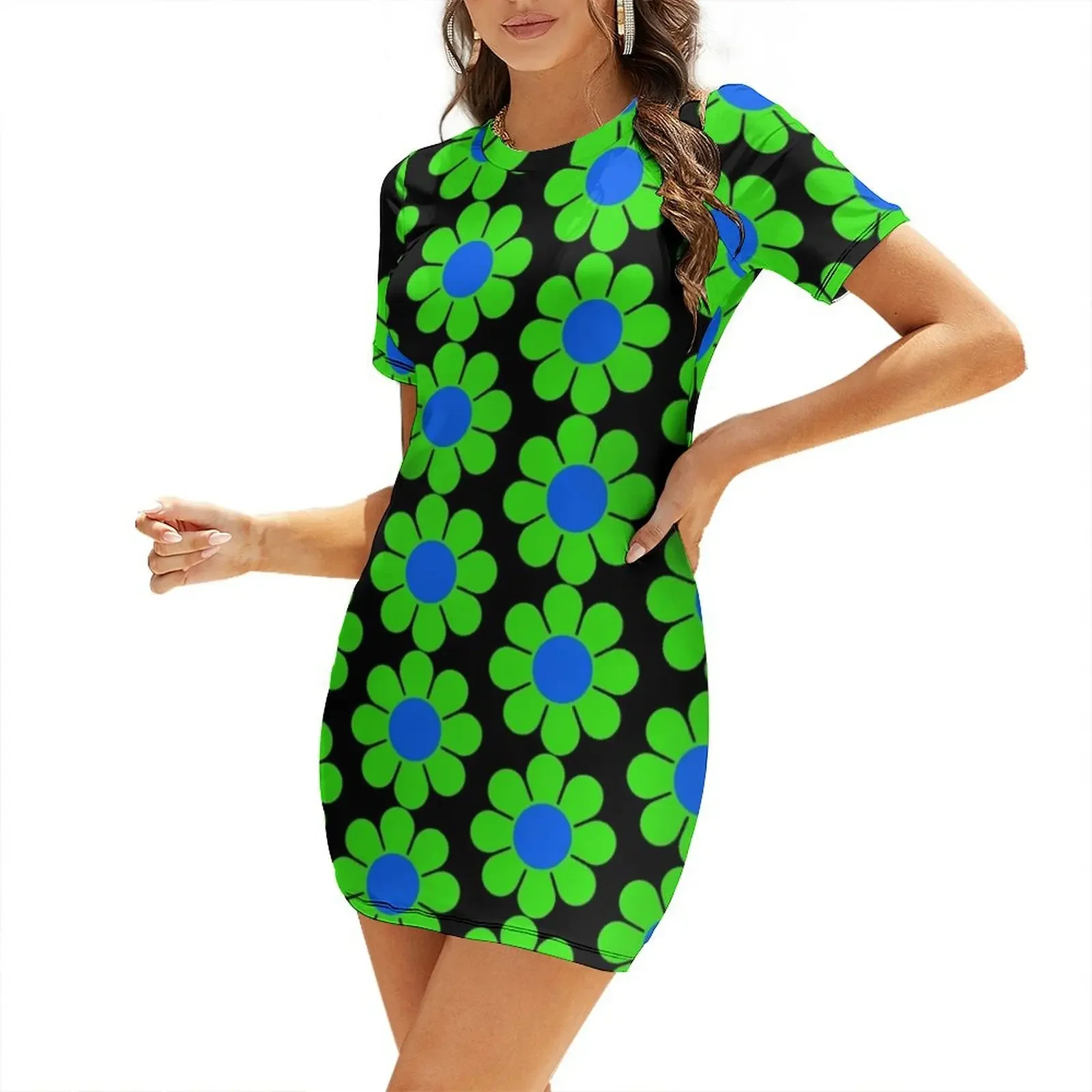 

Green Blue Hippy Flower Daisy Short-Sleeved Dress Party dresses dress summer Women's summer suit Beachwear Dress