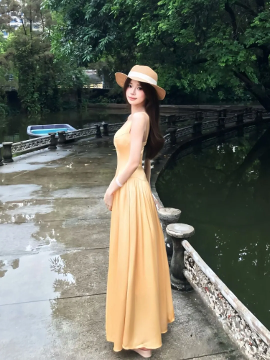 

Summer Vacation Style Belted Slimming Strap Long Dress Beautiful Unique Women's Dress Polyester Fiber mid High Waist V Neck