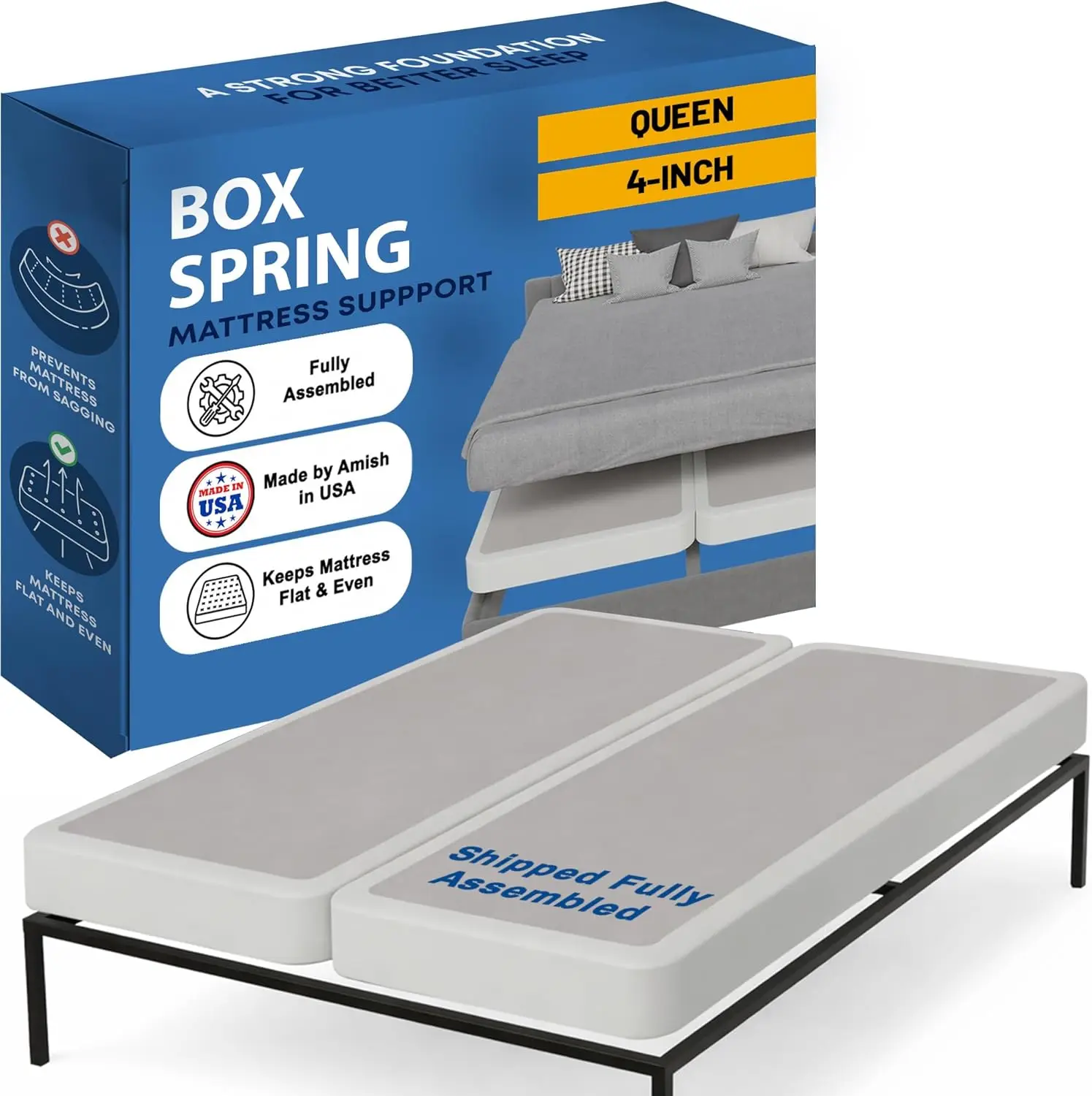 Bedroom Use, 4-Inch Wood Mattress Foundation, White, Amish Made in USA, Quiet, Fully Assembled