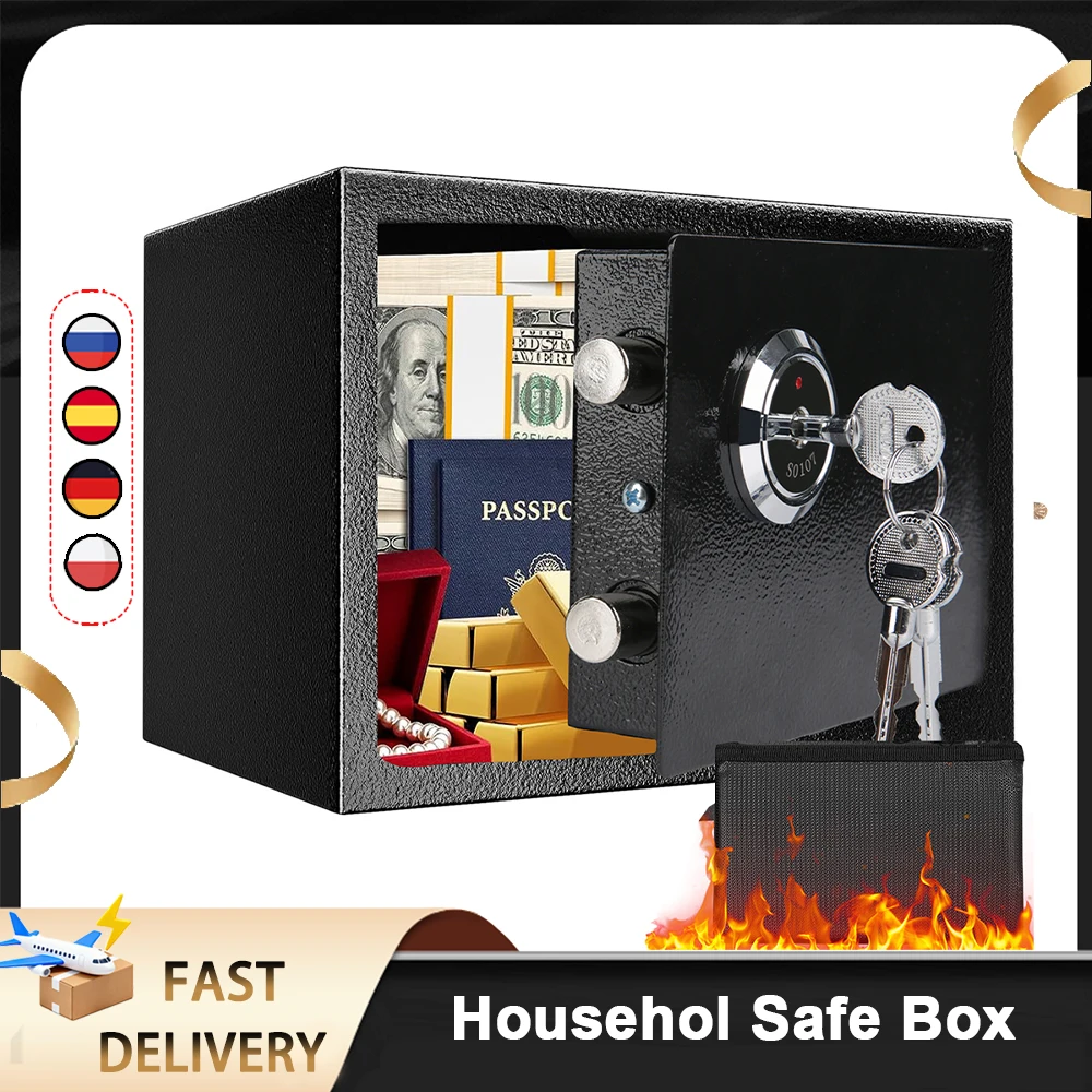 Coffre-fort de sécurité avec serrure à clé, 4,6 l, coffre-fort domestique, boîte étanche ignifuge avec serrure mécanique pour argent, bijoux, documents