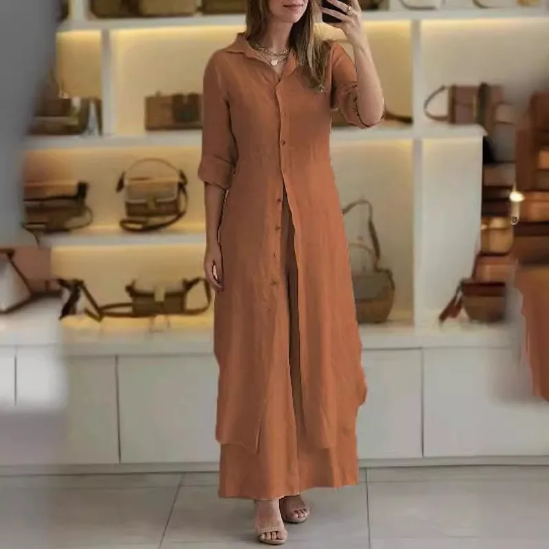 New Summer and Autumn Urban Elegance Cotton and Linen Slim-fitting Waist Long Shirt Wide-leg Pants Set