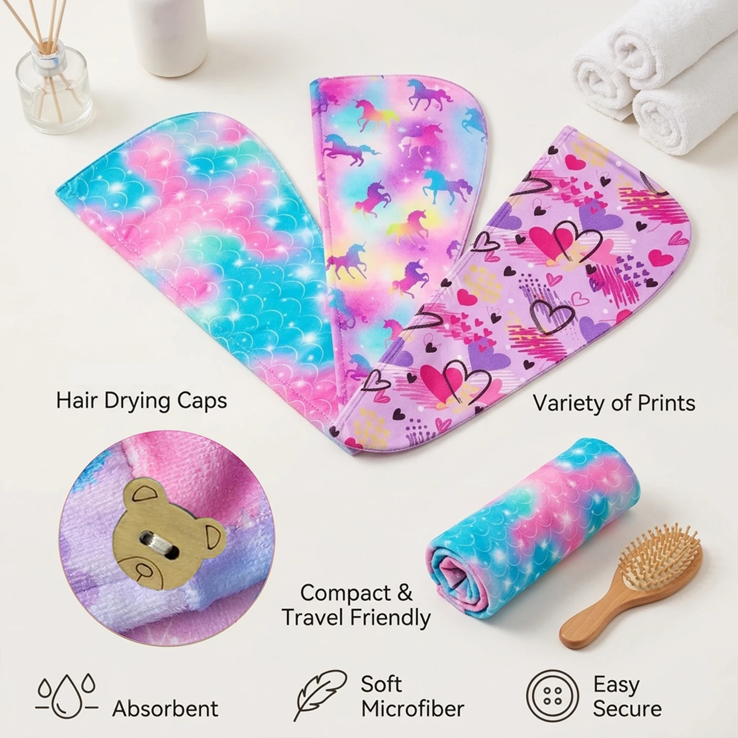 3Pcs Cartoon Printed Hair Drying Cap, Quick-Dry Microfiber Turban with Button, Super Absorbent Soft Wrap for Curly Long Hair