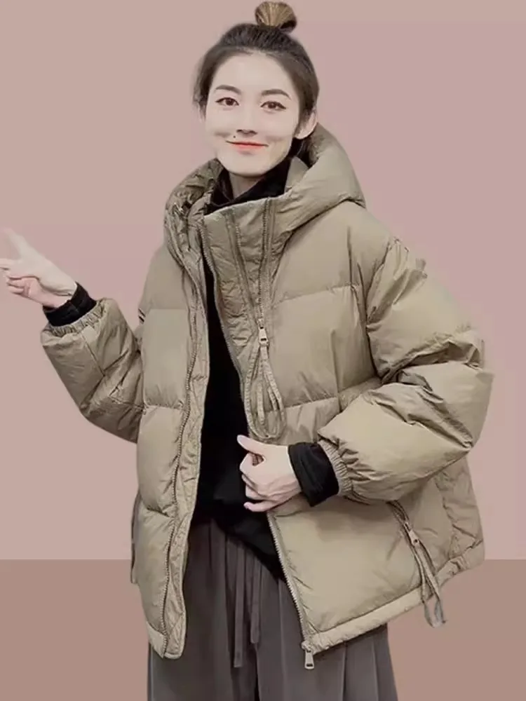 

Winter Thi down Cotton Jaet Women's Loose Outerwear Korean Sle Commute Hooded Zipper Closure Color Faion Trend