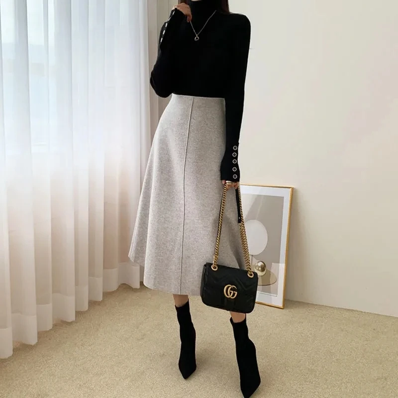 Woolen Skirt Autumn And Winter Skirts Womens A Line Skirt Elegant Long Skirts 2023 New High-Waisted Solid Color All-match Faldas