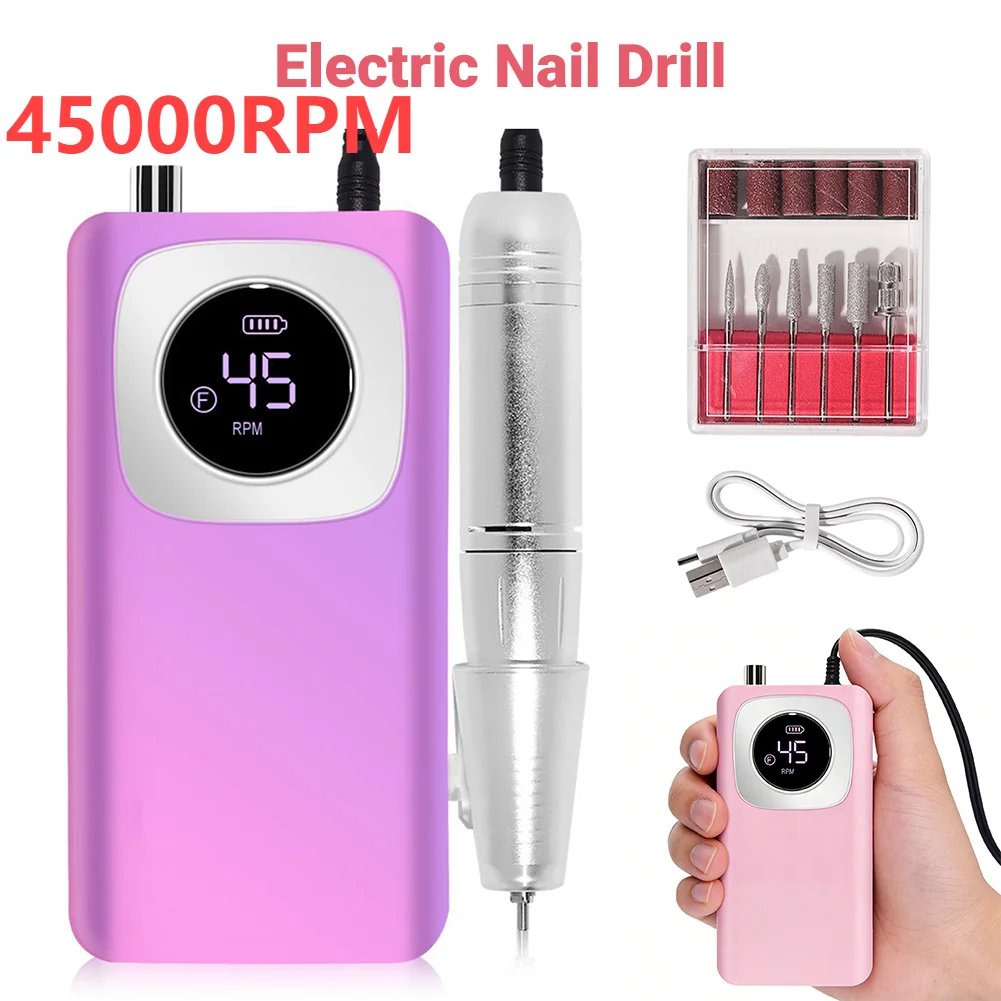 

45000rpm Electric Nail Drill Machine Rechargeable Milling Cutter Professional Portable Nail Sander for Manicure Gel Remover Tool