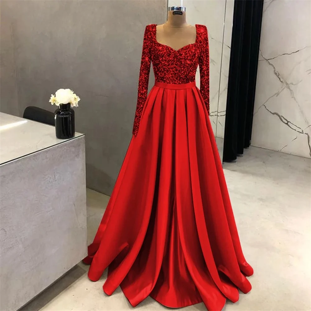 Cathy Glitter A-line Satin Prom Dress Elegant Long Sleeves Party Dresses Heart Shaped Neckline Floor-length Vestidos De Noche