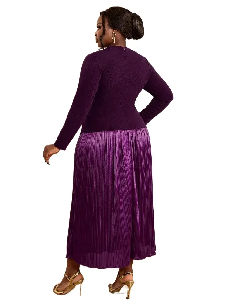 Moda plissado roxo vestido impresso para mulheres chique manga comprida vestidos de sol 2024 novo elegante feminino casamento igreja robe