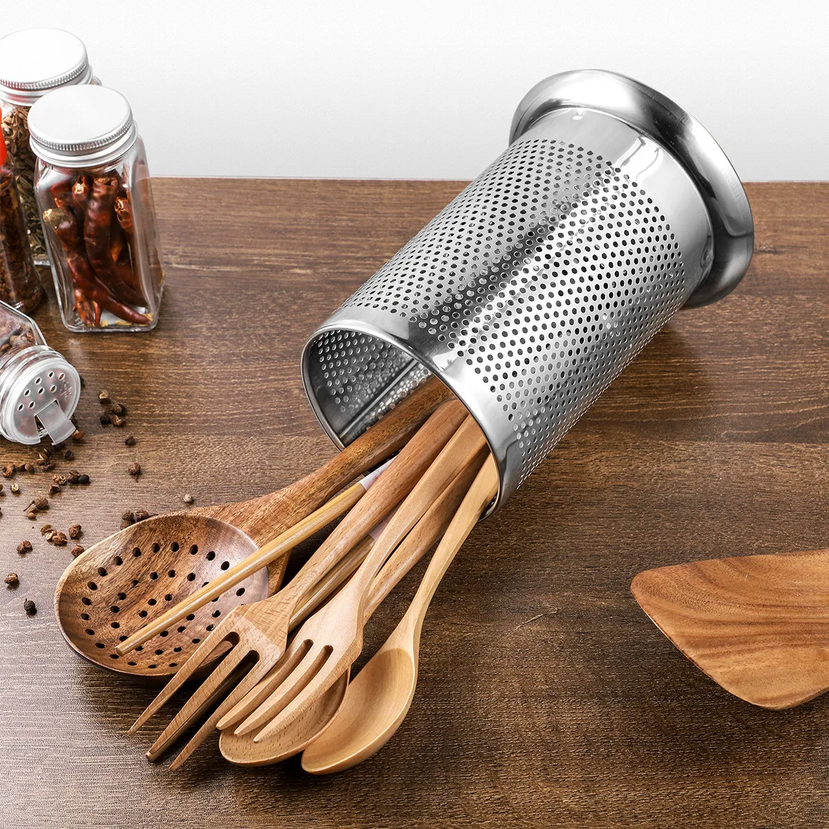 

Winomo 17x12cm Thickened Stainless Steel Flatware Organizer with Drain Holes Sleek Countertop Utensil Holder for Kitchen Spoon