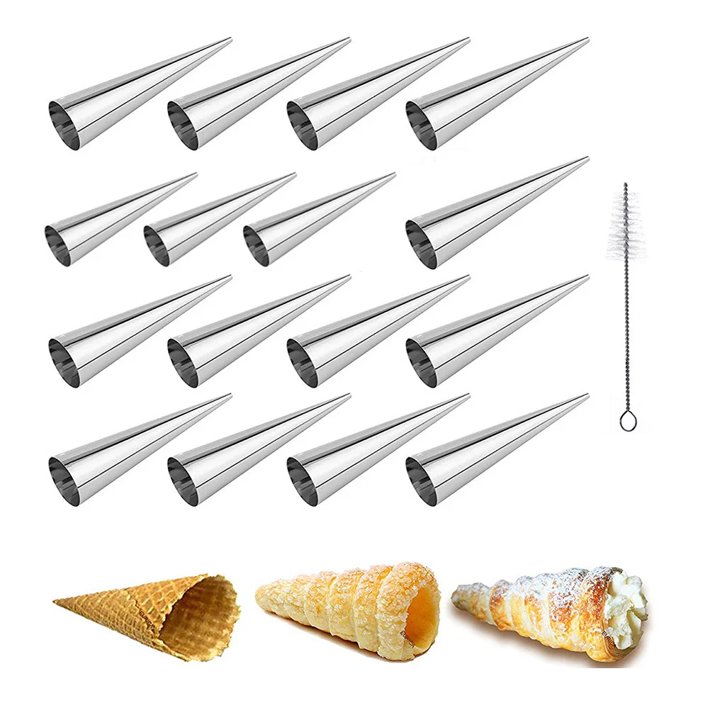 

16Pcs Stainless Steel Croissant Tubes Mold Sets Baking Tools Cannoli Cream Horn Pastry Rollers Cleaning Brush Croissant Mold