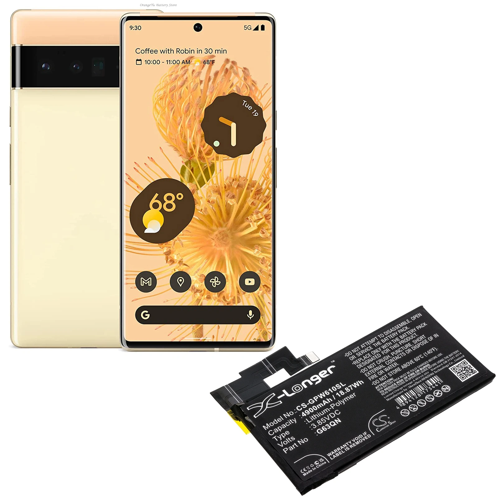 Replacement 3.85V 4900mAh Mobile SmartPhone Battery G63QN for Google Pixel 6 Pro G8VOU GLUOG GF5KQ