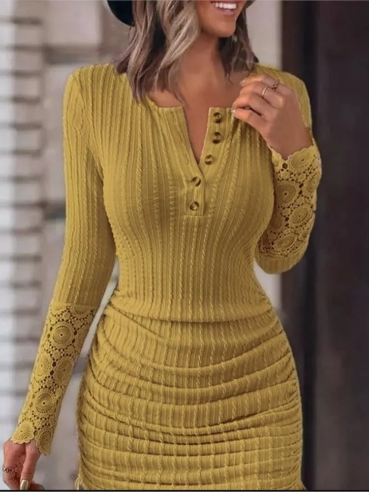 Fashion V-neck Long Sleeve Knitted Bodycon Lace Midi Dress Woman 2024 Autumn Winter Buttons Sexy Club Hip Wrap Dresses For Women