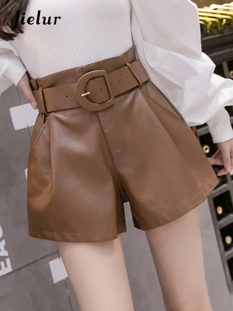 Jielur New Autumn Winter Black Pu Faux Leather Women Shorts Sashes High Waist Wide Leg Shorts Elegant Female