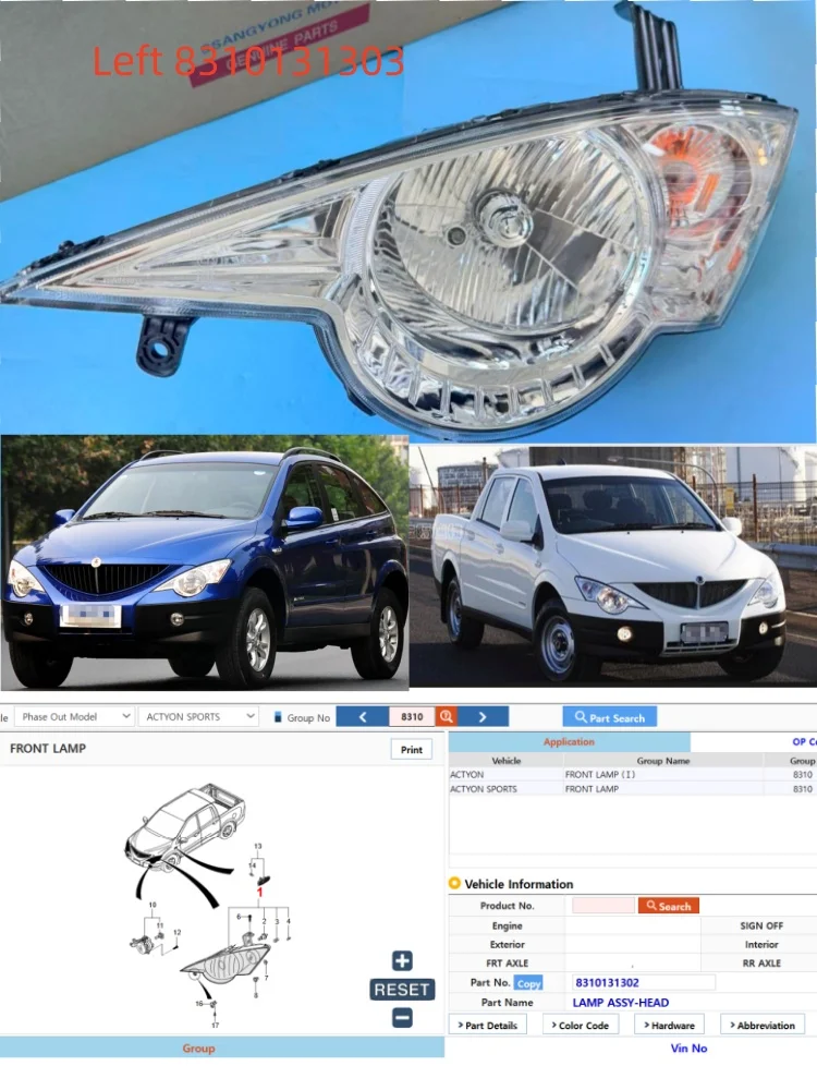 Genuine Left Front Head Lamp Assy 8310131303 For Ssangyong Actyon Actyon Sports 2006-2012