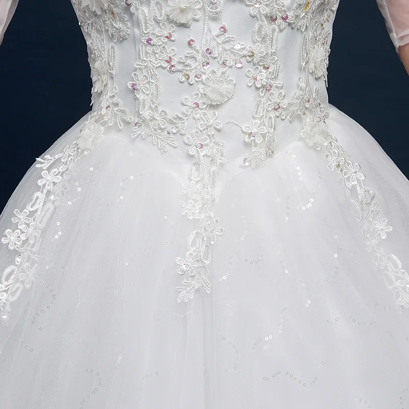 Robe de mariée blanche à paillettes, col rond, avec broderie, Organza à lacets, grande taille, pour le cinéma, bon marché, # DM-0427