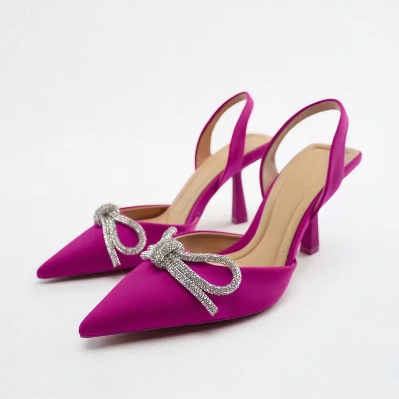 2024Women Blue Slingback Pumps High Heels Crystal Bowknot Party Dress Shoes Sexy Pointed Toe Stiletto Heel Sandals Summer