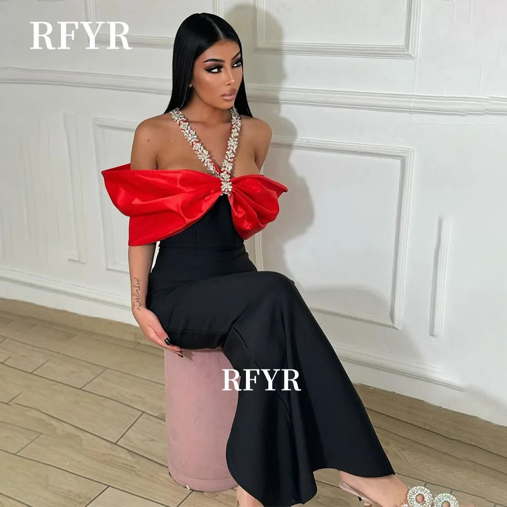 

RFYR Halter Celebrity Dress Off Shoulder Party Dress Beading Crystal Stones Satin Evening Dresses vestidos de fiesta Customized